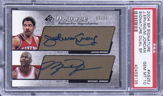 2004-05 SP Signature "Signature Dual SP" #AS2EJ Julius Erving/Michael Jordan Dual Signed Card (#19/25) – PSA GEM MT 10